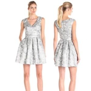 Aidan Mattox Silver/White Jacquard Fit Flair Dress 6